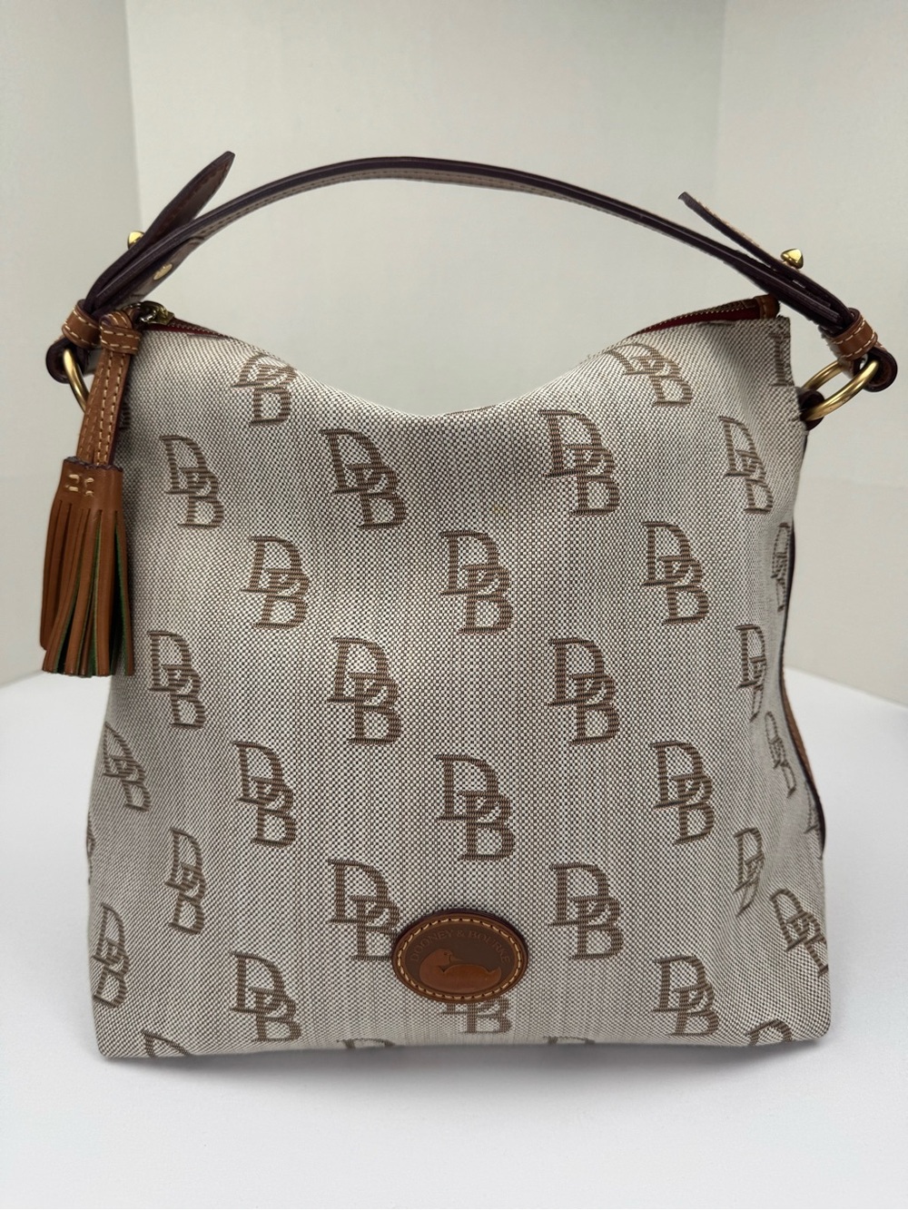 Vintage Dooney & Bourke Signature Monogram Canvas Hobo With Brown Leather Trim